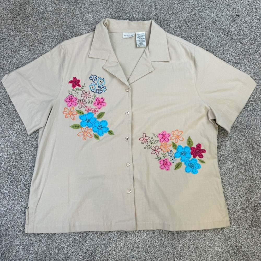 White Stag Womens XL Beige Floral Embroidered Flower Button Shirt 100% Cotton